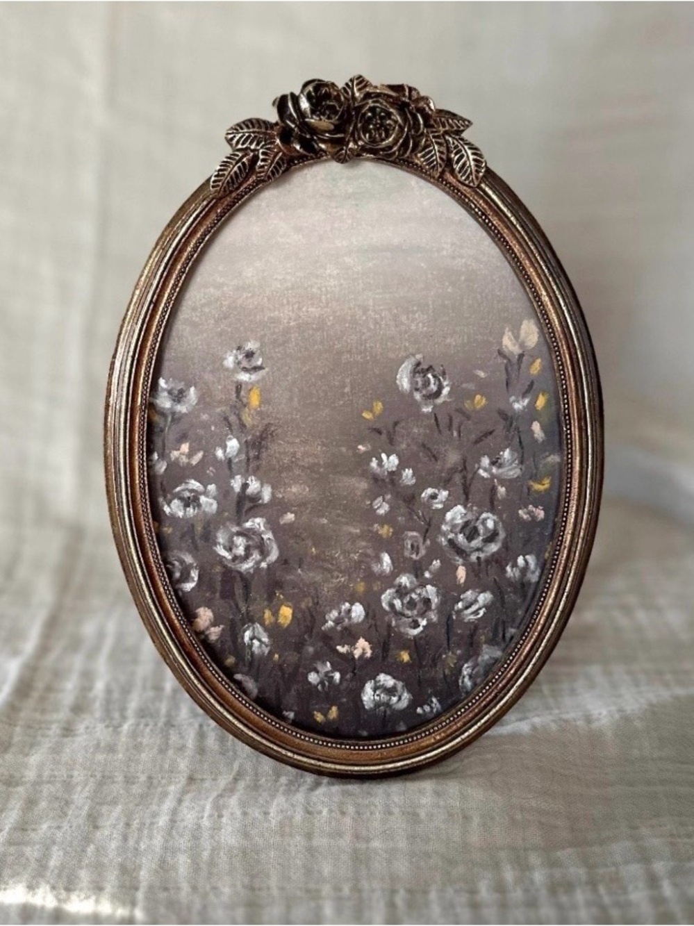 Original Framed Floral Chalk Pastel, 5x7 Moody Cottagecore Wall Art